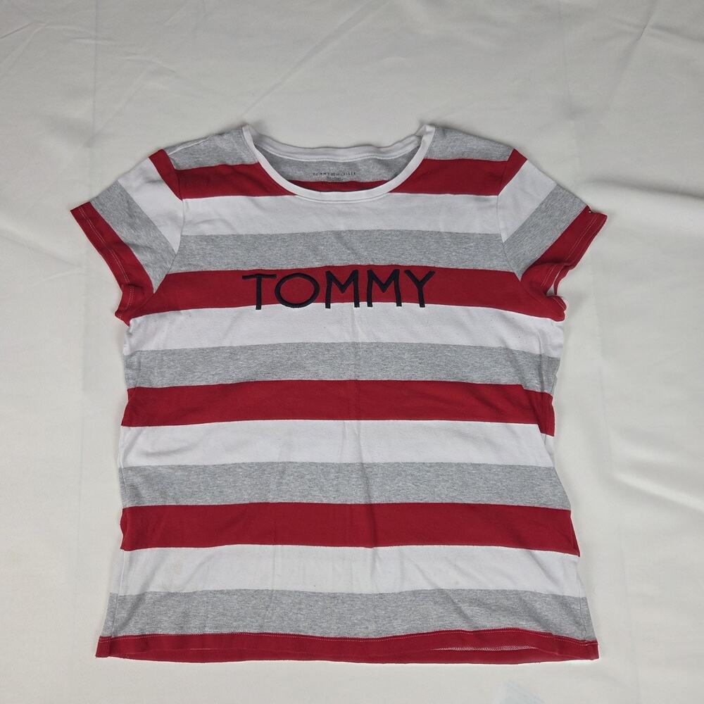 Tommy Hilfiger XXL Striped Logo T-Shirt Red White Grey Cotton